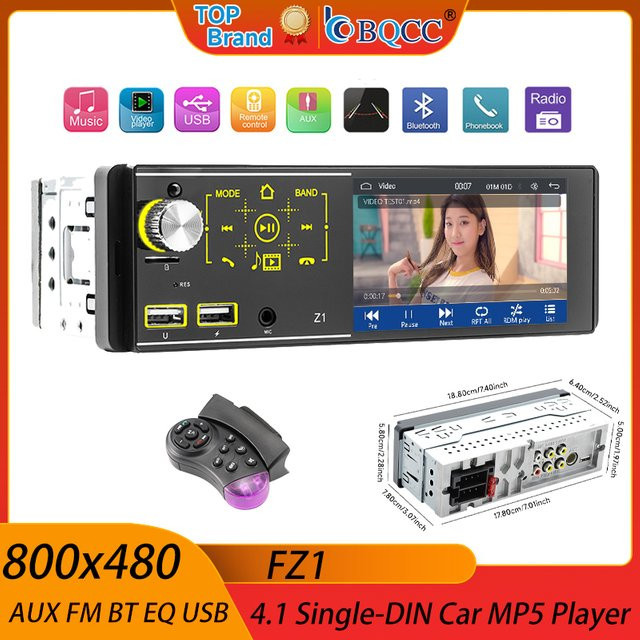 BQCC 1DIN Autoradio mit Carplay und Android Auto, 4,1 Zoll MP5-Player mit Bluetooth 5.1, USB-A und FM, Schwarz - Bild 1