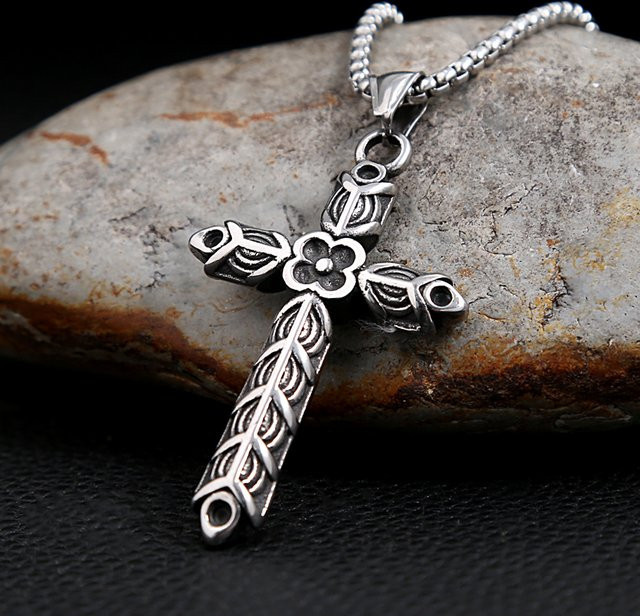 owlucky Halskette Anhänger, Edelstahl, Silber, Unisex, Viking Blume Kreuz - Bild 1