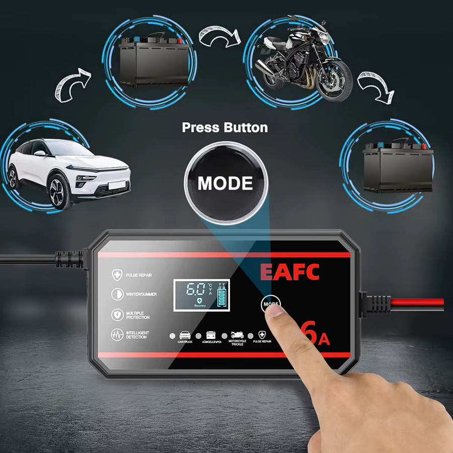 EAFC Tragbares Smart Batterieladegerät für Lithium LiFePO4 und Blei-Säure-Batterien, 12V, Schwarz - Bild 3