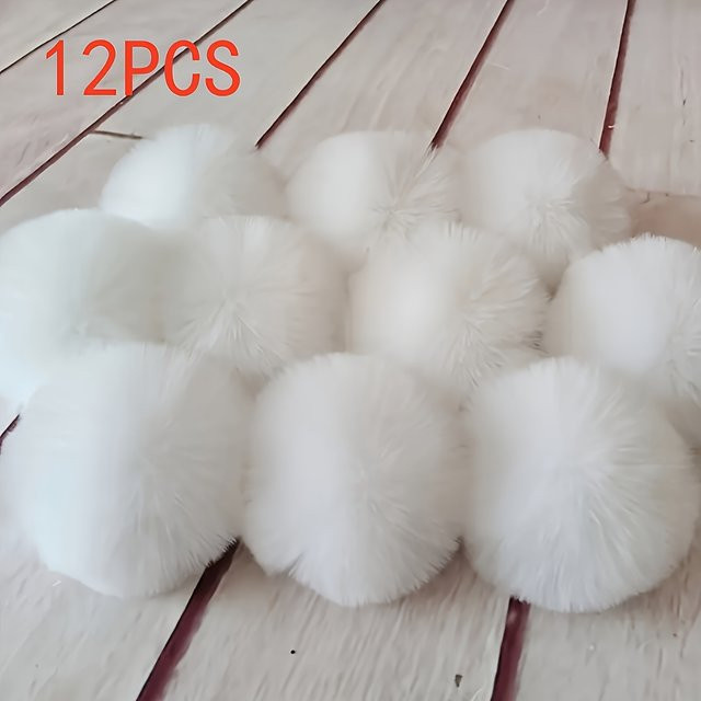 12 Stück extra große weiße Kunstfell-Pompons mit elastischer Schlaufe, 6 cm flauschige Bommelbälle zum Basteln, Nähen und Stricken - Bild 1