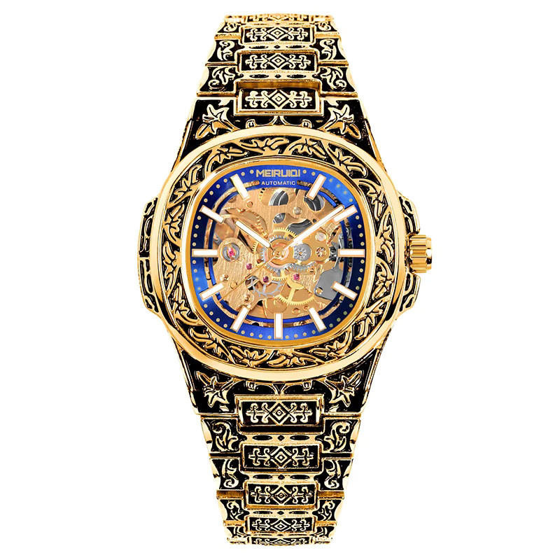MEIRUIQI Armbanduhr Automatik, Edelstahl, Gold, Blau, Herren - Bild 7