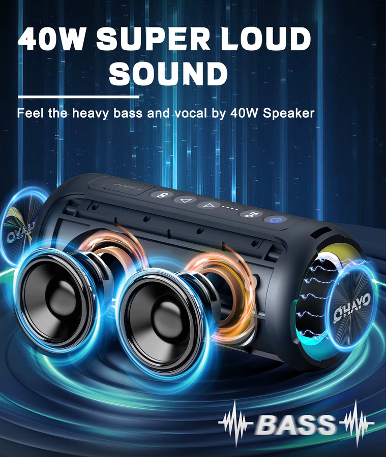 Ortizan X8 Pro Bluetooth-Lautsprecher mit 40 W Stereo-Sound, IPX7 wasserdicht und 30 Stunden Spielzeit in Schwarz und Blau mit farbigen Lichteffekten - Bild 2