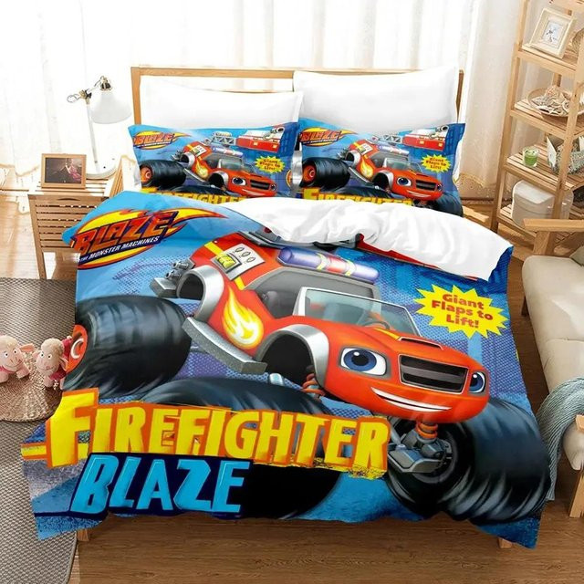 Flylo Bettwäsche-Set Blaze und die Monster-Maschinen für Kinder, 3-teilig mit Bettbezug und Kissenbezug, Blau, B/H: 150 x 200 cm - Bild 1