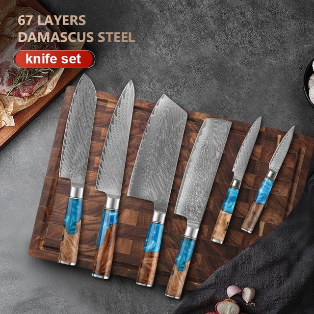 Baovim Professionelles Küchenmesser-Set aus Damaszener Stahl mit blauem Harzgriff, 1-6-teilig - Bild 1