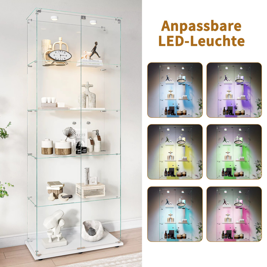 Lazyspace 5-stöckige Glasvitrine in Schwarz mit LED-Beleuchtung und 2 Glastüren für Wohnzimmer und Büro - Bild 3