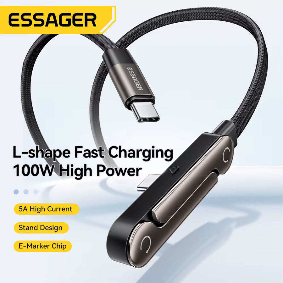 Essager 100W Typ-C Kabel mit faltbarem Telefonhalter für PD Schnellladung, Schwarz - Bild 2
