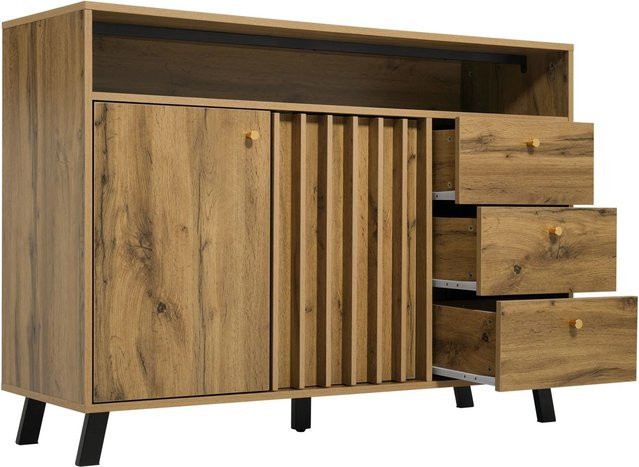 okwish Sideboard mit Lamellen Design, 3 Schubladen und 2 Türen für dein Wohnzimmer, Dunkel Eiche, B/T/H: 120 x 40 x 85 cm - Bild 1