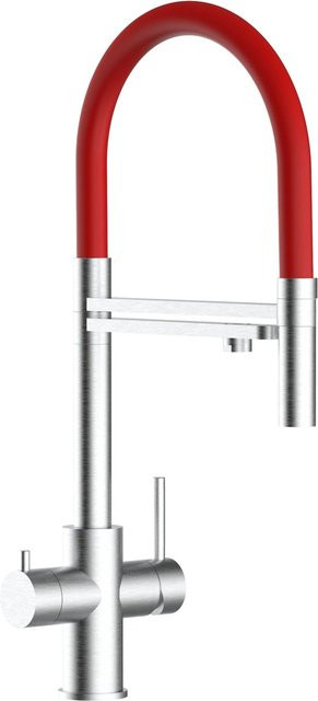 VIZIO Küchenarmatur aus Edelstahl mit 5-Wege-Wasserhahn, 360° schwenkbarem Auslauf und abnehmbarer 2-Strahl Handbrause, Farbe: Rot/Silber, gebürstet - Bild 1
