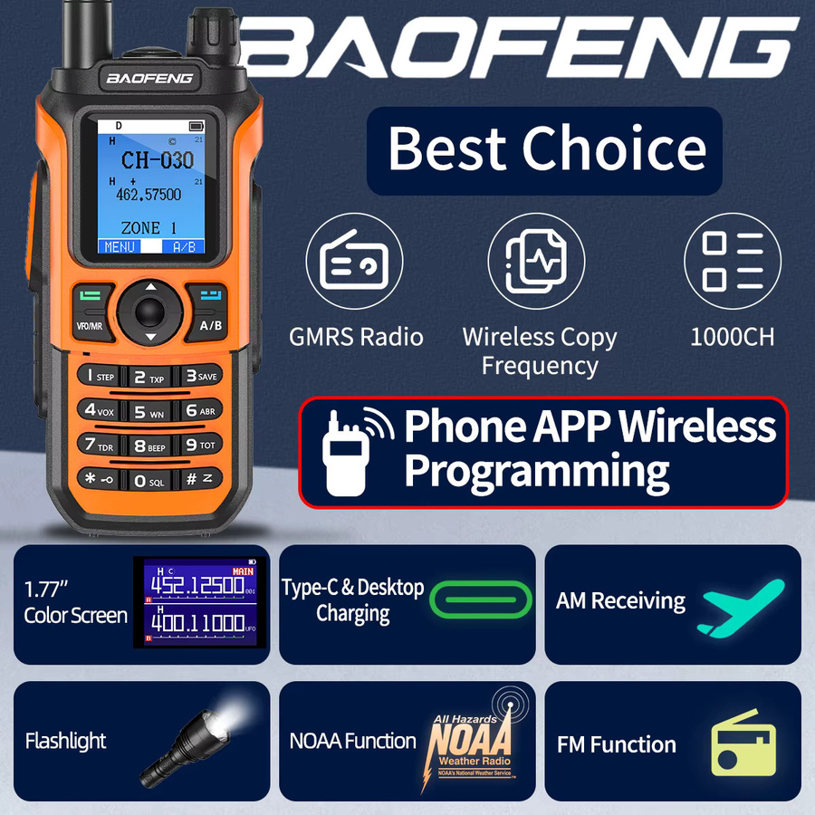 Baofeng GM-21 Walkie Talkie GMRS Transceiver mit Bluetooth und USB-C Ladegerät für Multiband-Empfang AM FM - Bild 2