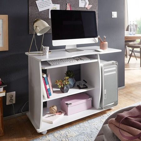 Finebuy Laptoptisch Computertisch in Weiß mit Rollen und Tastaturauszug, moderner Schreibtisch mit abgerundeten Ecken für dein Arbeitszimmer