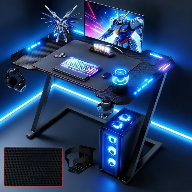 Claiks Gaming-Schreibtisch mit LED-Beleuchtung und Getränkehalter in Schwarz Matt, Z-Frame Design - Bild 1
