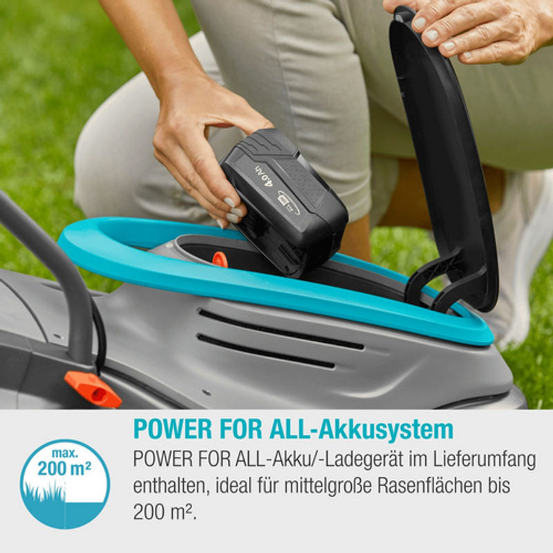 Gardena Akku-Rasenmäher PowerMax 32/18V P4A Ready-To-Use Set in Anthrazit/Grau/Türkis inkl. 4,0 Ah 18V POWER FOR ALL-Akku und Ladegerät B/T/H: 114 x 37 x 95 cm - Bild 3