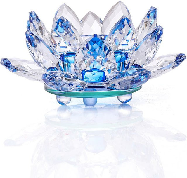 YUZHOU Kristall Lotus Blume Kerzenständer aus Glas in Transparent und Gelb für Teelicht als buddhistisches Ornament zur Dekoration - Bild 1