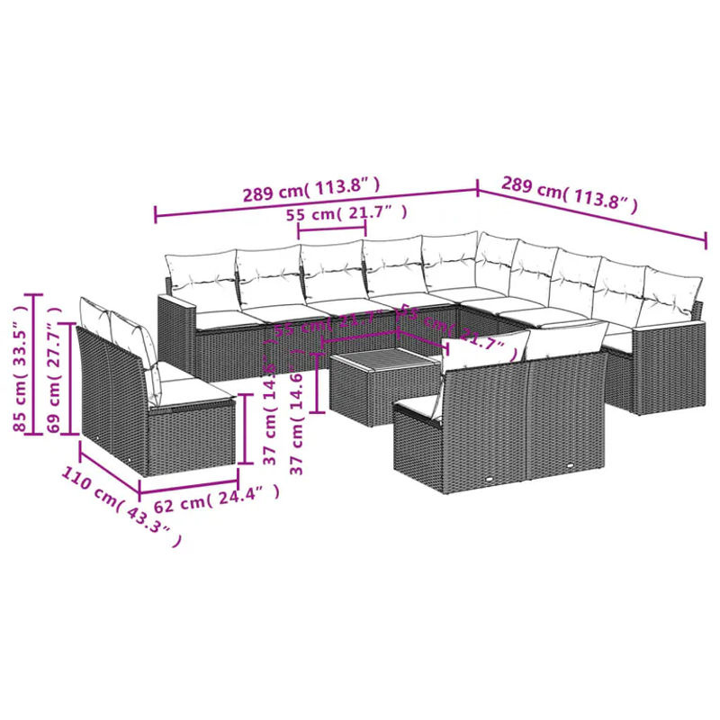 vidaXL 14-tlg. Garten-Sofagarnitur in L-Form aus schwarzem Poly-Rattan mit Kissen und pulverbeschichtetem Stahlgestell - Bild 2
