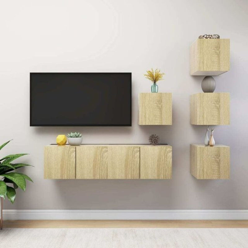 Vidaxl TV-Schrank Set aus Holzwerkstoff in Eiche Natur und Braun im modernen skandinavischen Design, 6-teilig wandmontierbar - Bild 1