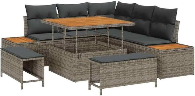 vidaXL Gartensofa-Set aus Polyrattan in Grau mit 8-teiliger Polstergarnitur, L-Form, Ottoman und Couchtisch inklusive Kissen-Stauraum - Bild 1