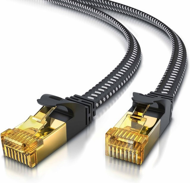 Primewire CAT 7 Flachbandpatchkabel Gigabit Ethernet LAN Kabel mit Baumwollummantelung, Schwarz, 30 m - Bild 1