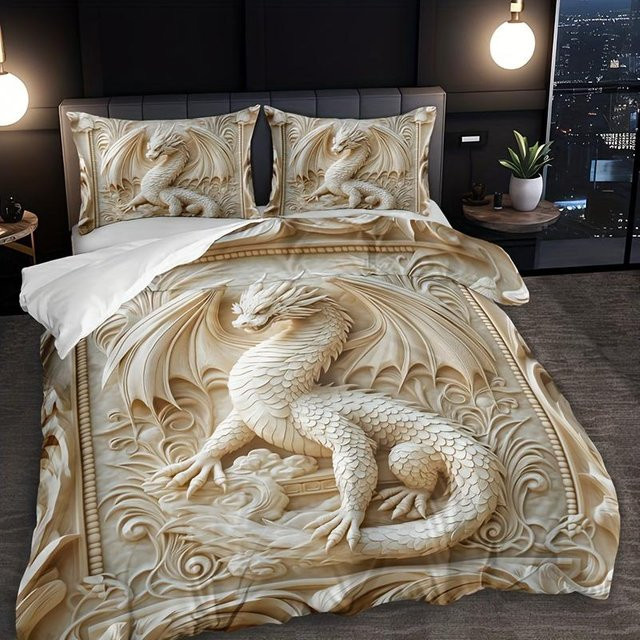3-teiliges Drachen-Totem Bettbezug-Set aus atmungsaktivem Polyester in Beige und Multicolour, bestehend aus 1 Bettbezug und 2 Kissenbezügen, B/H: 135 x 200 cm - Bild 1