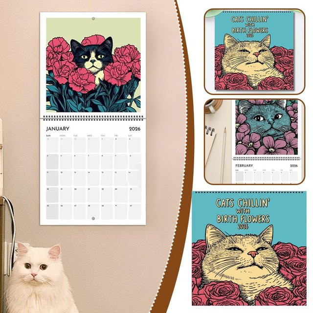 Katzen Chillin mit Kaffee Wandkalender 2026 im Ins-Stil, Monatlicher Familienplaner und Organizer in Blau und Mehrfarbig - Bild 1