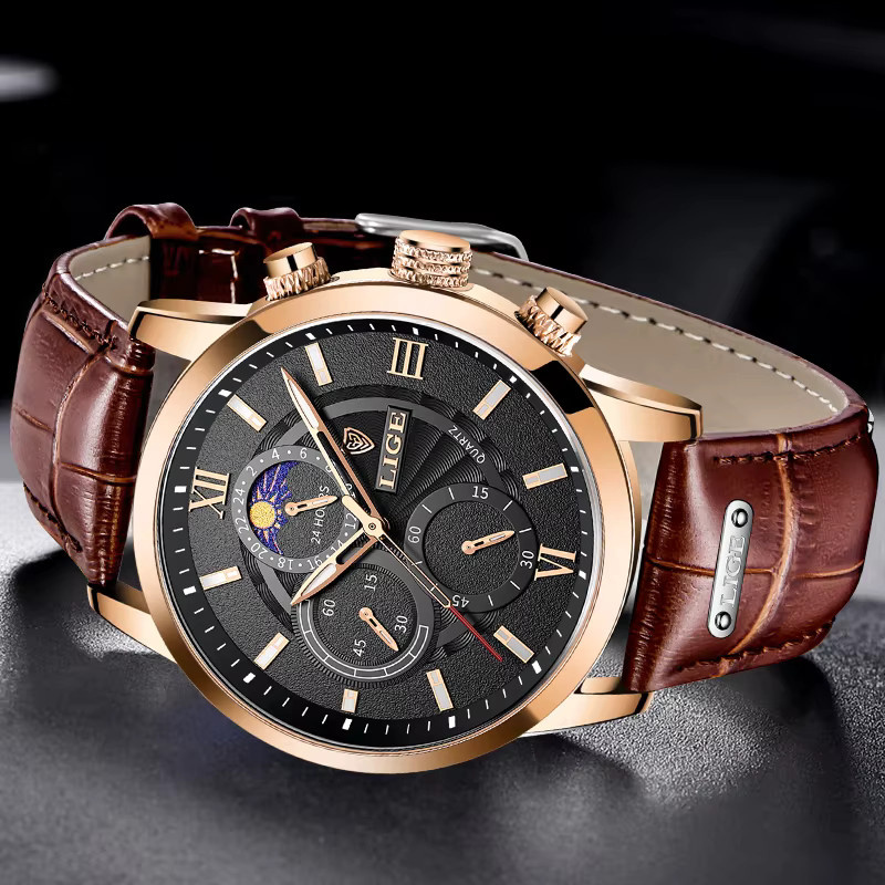 LIGE Armbanduhr Quarz, Leder, Schwarz, Herren - Bild 2