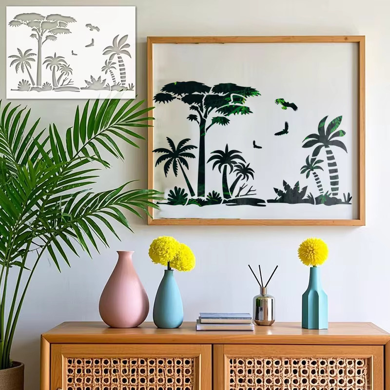 YOMDID Tropische Dschungel Landschaft Malerei Schablone aus transparentem Kunststoff für DIY Graffiti und Airbrush Dekoration mit Baum- und Blumenmuster - Bild 3
