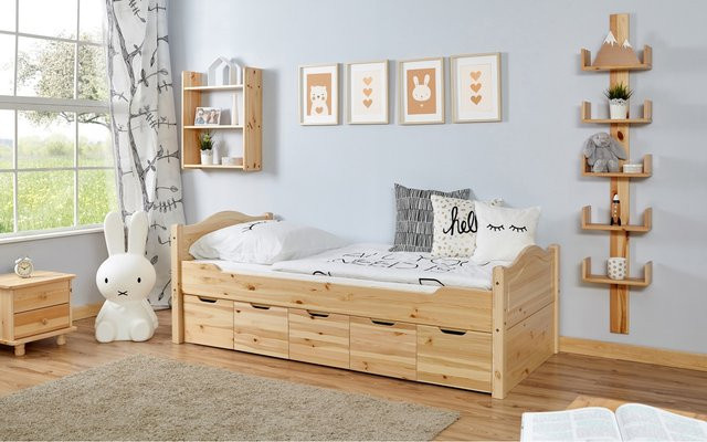 TiCAA Einzelbett Leni aus Kiefer Natur mit Schubladen im skandinavischen Design, B/T/H: 90 x 200 x 78 cm - Bild 1
