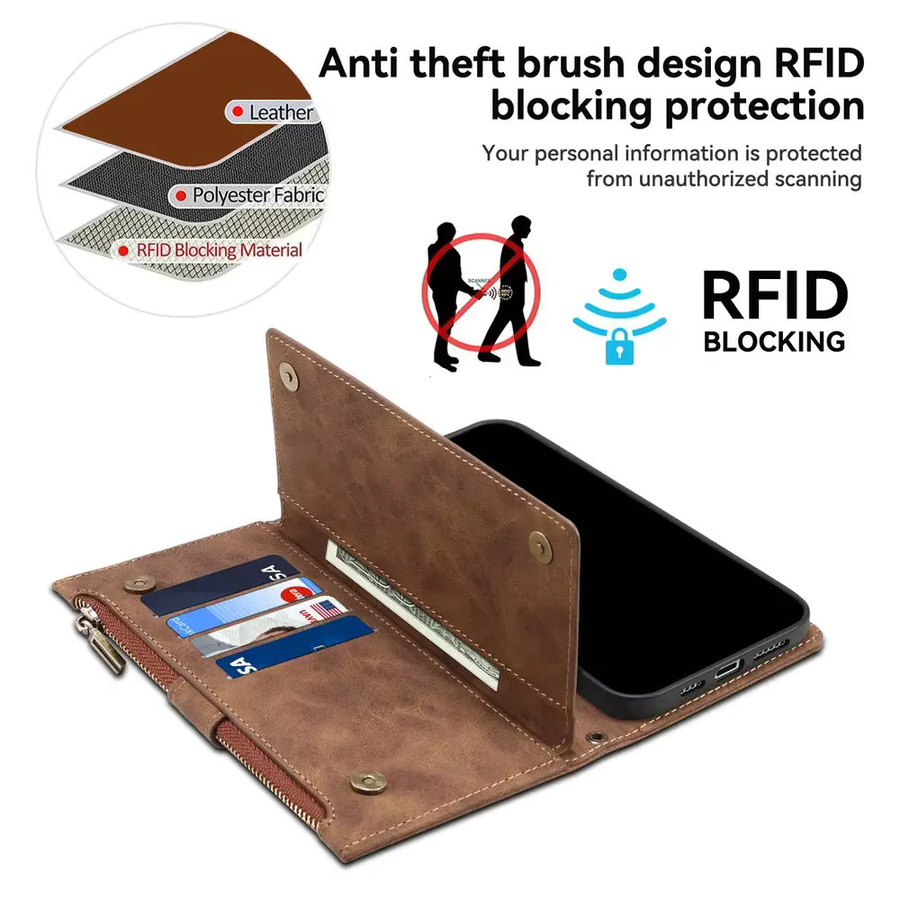 Luxus Leder Umhängetasche mit RFID-Schutz und Reißverschluss als Buchcover für OnePlus Nord 5 4 CE 3 Lite CE 2T 2T N10 N20 SE N30 N300 5G in Schwarz oder Braun - Bild 4