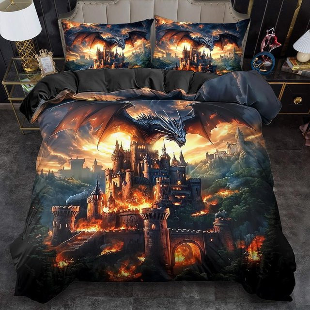 Bettwäsche-Set mit 3D Drachenmuster und psychedelischer Ästhetik aus Polyester, Mehrfarbig, Breite: 140 cm, Länge: 210 cm - Bild 1