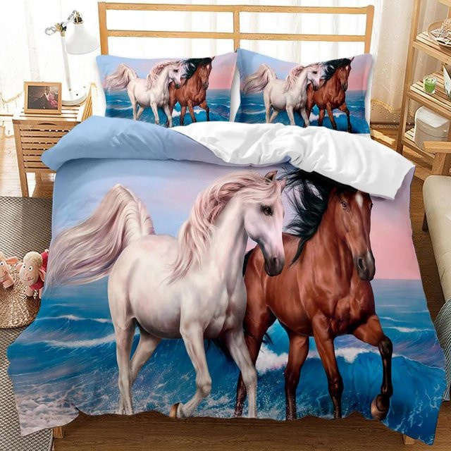 Bettwäsche Set mit 3D Wildpferde Motiv in Braun und Weiß von Your Warm Home, bestehend aus 1x Bettbezug und 2x Kissenbezügen aus Polyester, B/H: 173 x 218 cm, Kissen: 50 x 70 cm - Bild 1