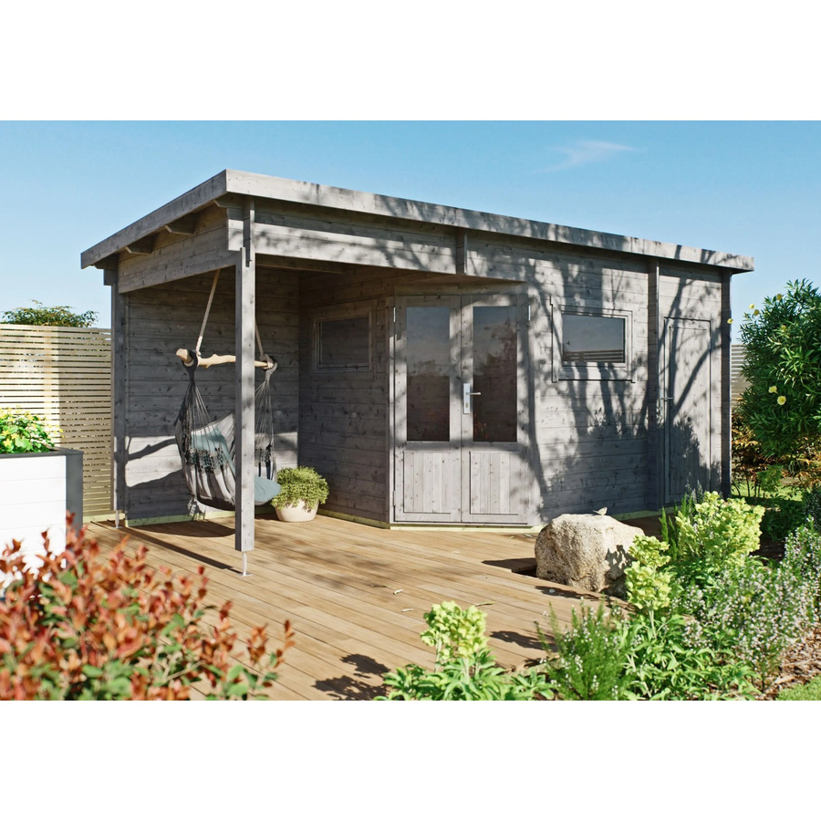 Fjordholz Gartenhaus Modell Leva 2E aus Holz in Grau, 5-Eck Log Cabin mit Fenstern und Schloss - Bild 2