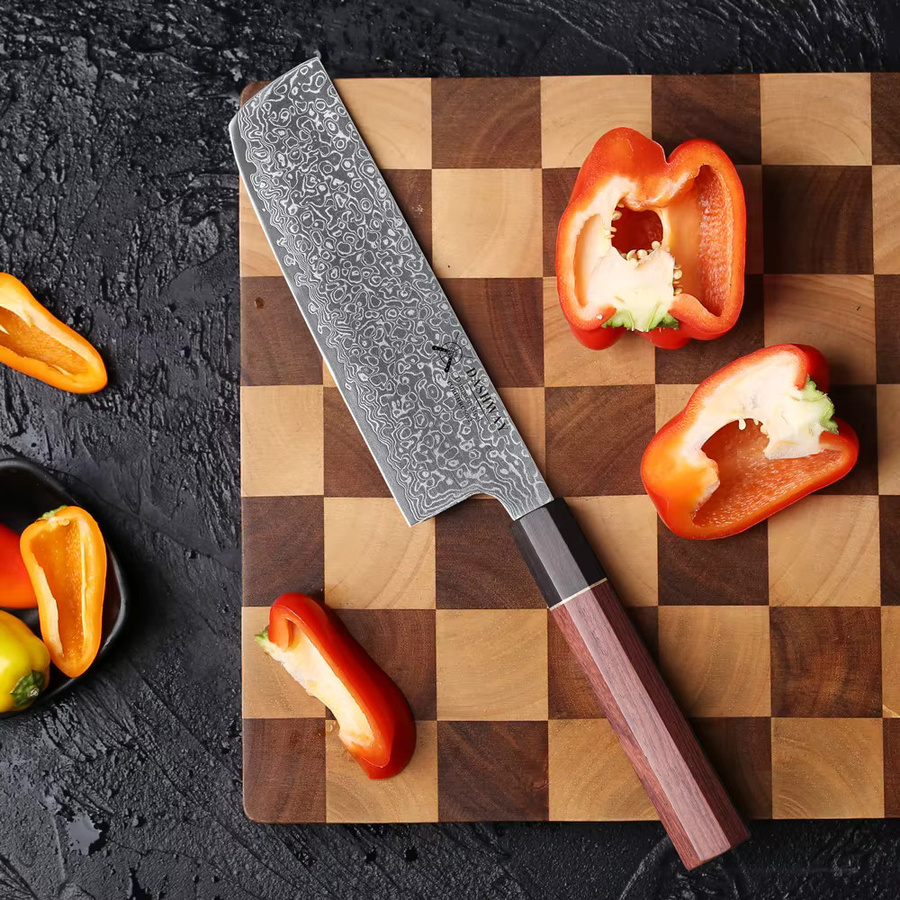 DASHWAY Nakiri Kochmesser aus Damaszener Stahl mit Holzgriff, handgefertigtes Profi-Küchenmesser für Fleisch und Gemüse, 16,5 cm - Bild 2