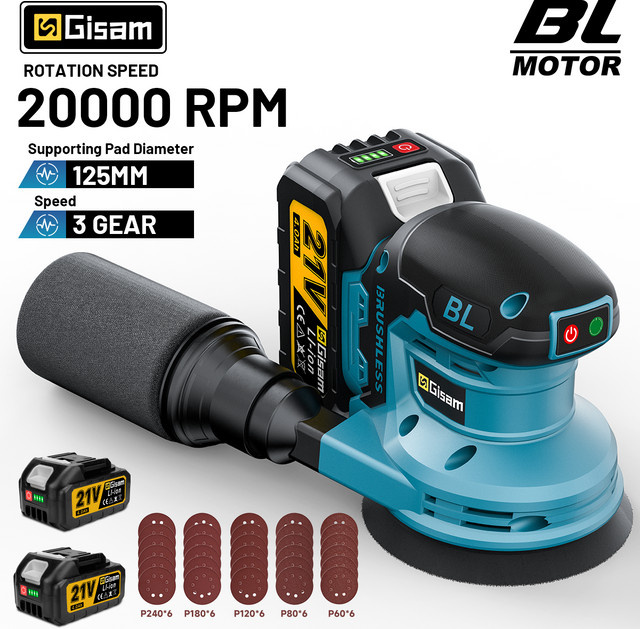 Gisam Bürstenloser Elektrischer Exzenterschleifer 125 mm in Blau, 3-Gang Schleif- und Polierwerkzeug für Holzbearbeitung, kompatibel mit Makita 18V Akku - Bild 1
