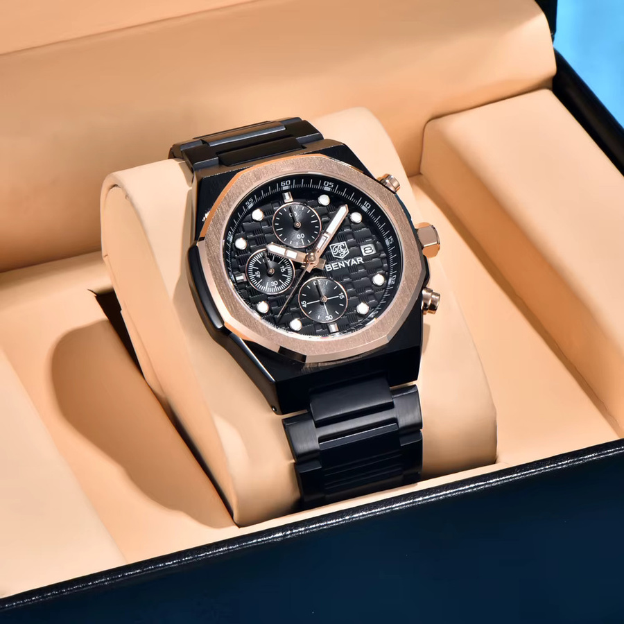 BENYAR Chronograph Armbanduhr, Quarz, Edelstahl, Schwarz, Herren - Bild 3