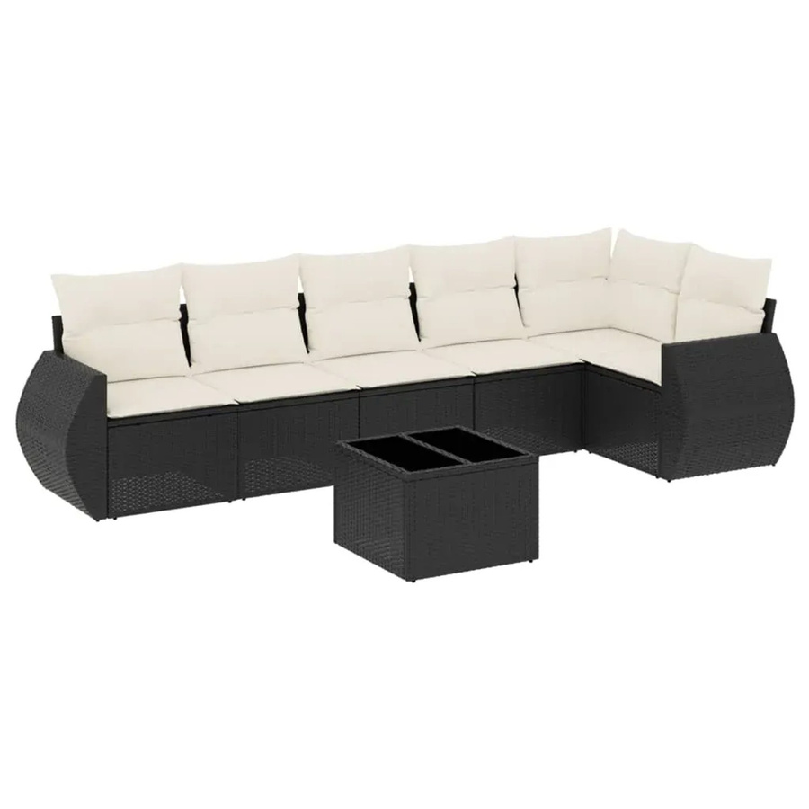 vidaXL 7-teilige Garten-Sofagarnitur in L-Form aus Poly-Rattan mit Kissen in Schwarz und Cremeweiß - Bild 2