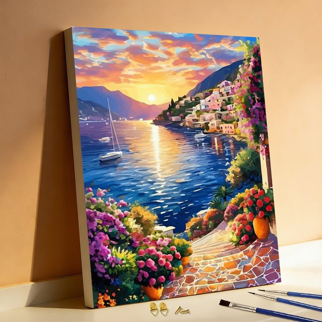 Huacan DIY Ölgemälde nach Zahlen Meeres- und Berglandschaft mit Küste und Sonnenuntergang in Multicolour - Bild 1
