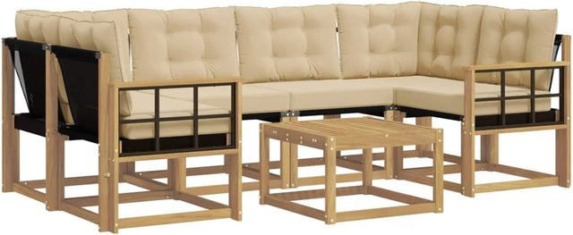 vidaXL 7-tlg. Outdoor-Sofagarnitur in L-Form aus Akazienholz mit Kissen und Couchtisch, Weiß und Beige - Bild 1