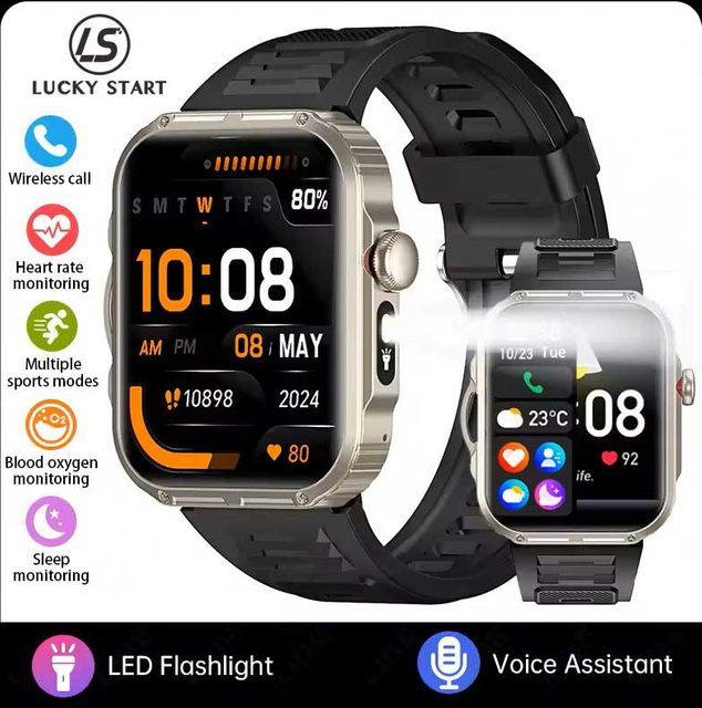 Lucky Start Smartwatch für Herren mit 2,01 Zoll HD-Bildschirm, Bluetooth-Anruffunktion, LED-Taschenlampe und Wasserdichtigkeit, Farbe Silber - Bild 1