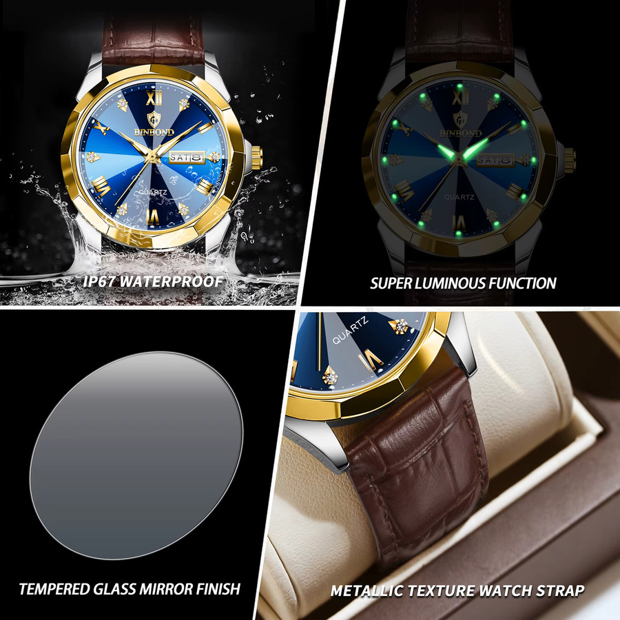 BINBOND Armbanduhr, Quarz, Leder, Blau, Herren - Bild 6