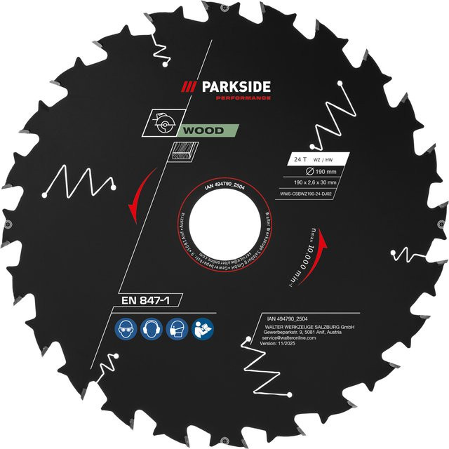 Parkside Performance Kreissägeblatt für Holz und Metall, Durchmesser: 190 mm, 24 Zähne, Carbide Tipped, Schwarz - Bild 1