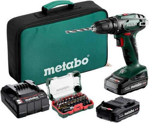 Metabo Akku-Bohrschrauber BS 18 Set 18V mit 2x 2Ah Li-Power Akkus, Ladegerät SC 30, 32-teiliger Bit-Box SP und Werkzeugtasche, grün/schwarz - Bild 1