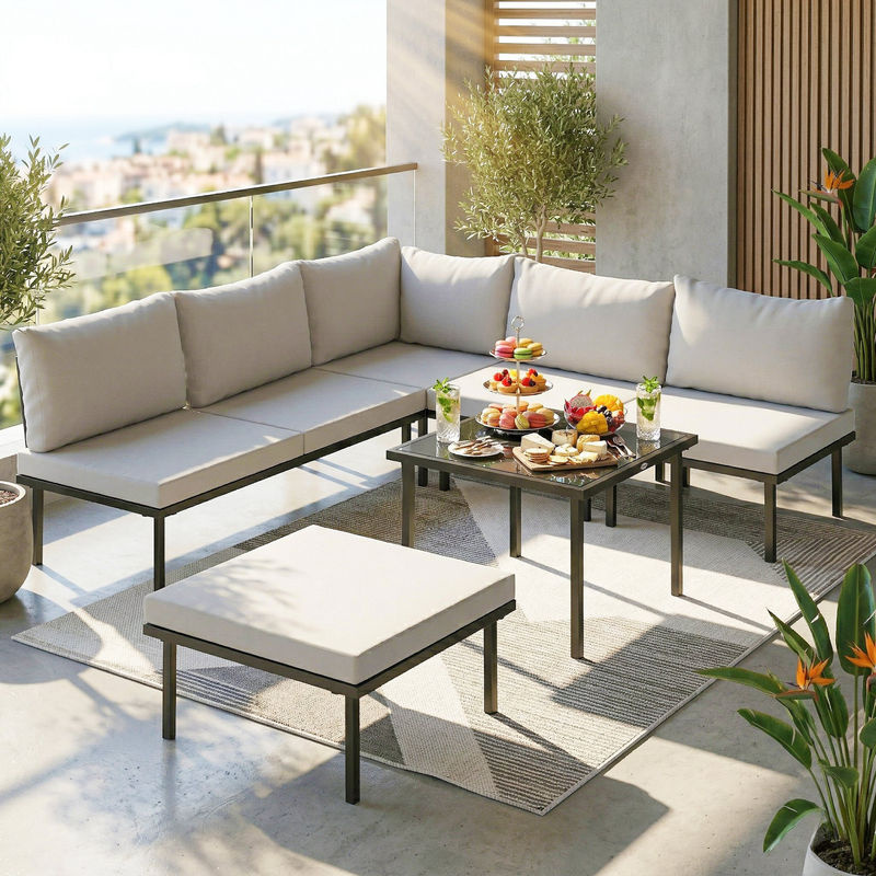 Outsunny 6-teiliges Gartenlounge-Set in L-Form mit Polstern und Glastisch, Hellgrau - Bild 2