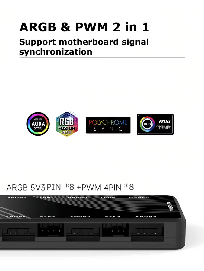 CX FUTRUE Gehäuselüfter-Hub mit Dual 8 Ports, ARGB 3-PIN und PWM 4-PIN Anschlüssen sowie Fernbedienung, Schwarz - Bild 3