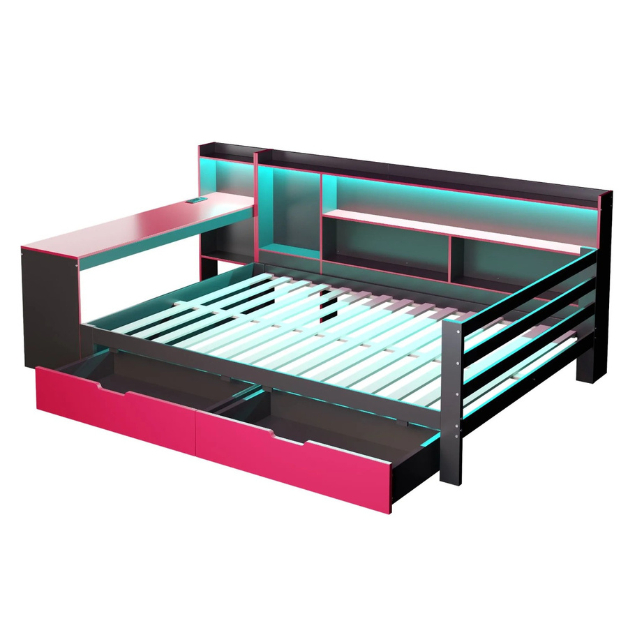 Merax Schlafsofa mit Schreibtisch, LED-Beleuchtung und USB-Ladeport, Schwarz-Rot, B/T/H: 245,5 x 150,0 x 100,0 cm - Bild 1