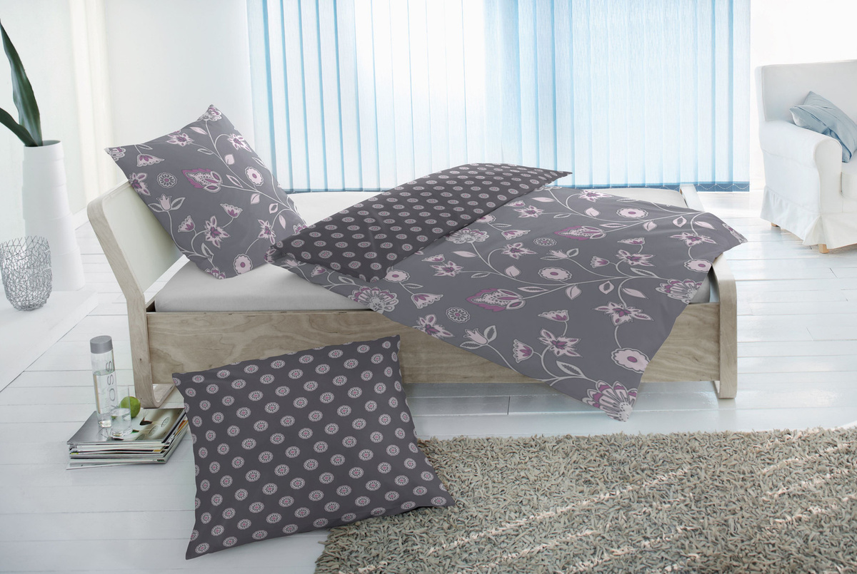 Primera Edelflanell Bettwäsche Wende mit Blumen und Kreisen, Grau und Rosa, B/H: 155 x 220 cm mit Kissenbezug 80 x 80 cm - Bild 1
