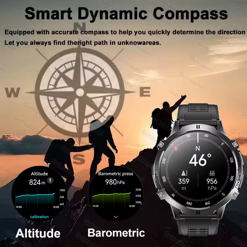 GUHUAVMI Militär-Smartwatch für Herren in Silber mit 1000mAh Akku, 10ATM Wasserdichtigkeit, Bluetooth-Anruf, Kompass, Höhenmesser und Barometer - Bild 6