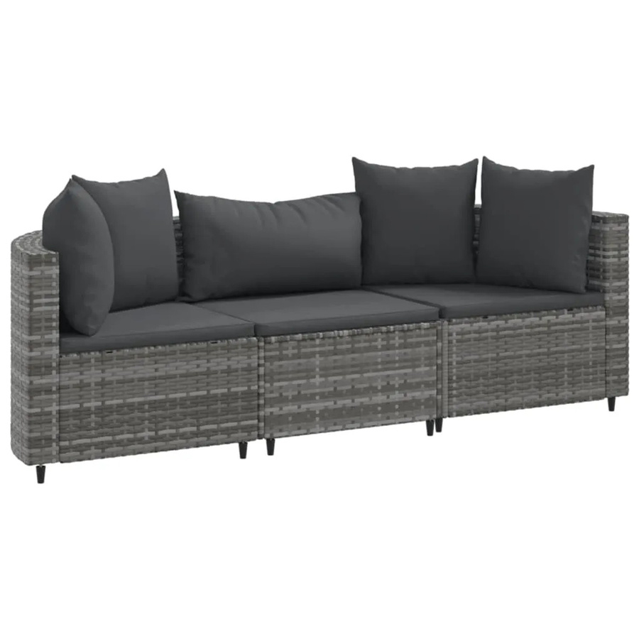 vidaXL 3-tlg Garten-Sofagarnitur in L-Form aus grauem PE-Rattan mit Kissen und pulverbeschichtetem Stahlgestell - Bild 2