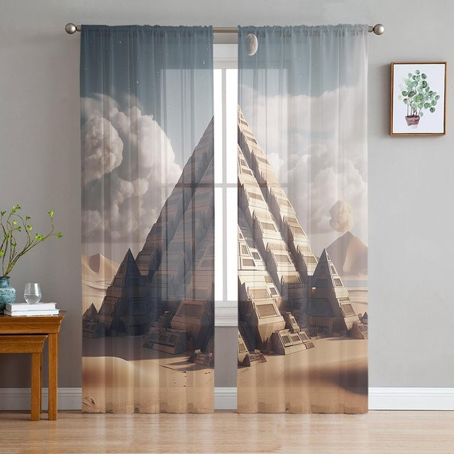 Super Six Transparente Chiffon Vorhänge mit Pyramidenwolken Mond und Sternen Design in Grau, Breite: 135 cm, Höhe: 114 cm - Bild 1