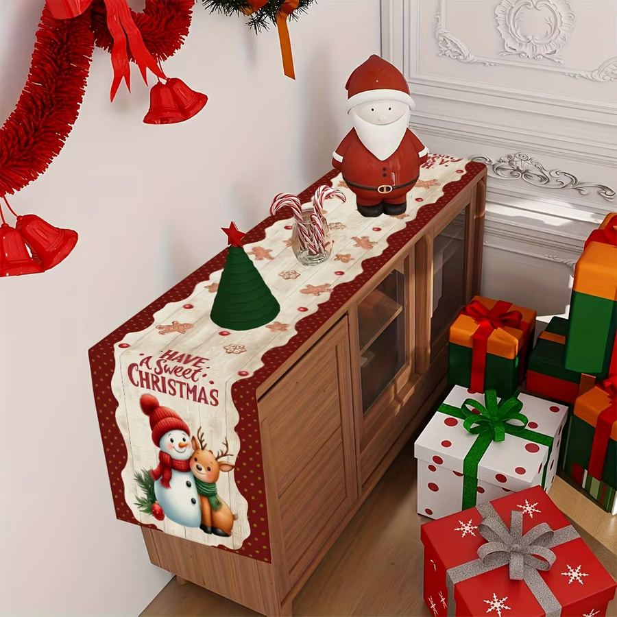 JIT Weihnachts-Tischläufer aus Leinen mit Schneemann- und Hirsch-Motiv, rechteckig, mehrfarbig - Bild 3