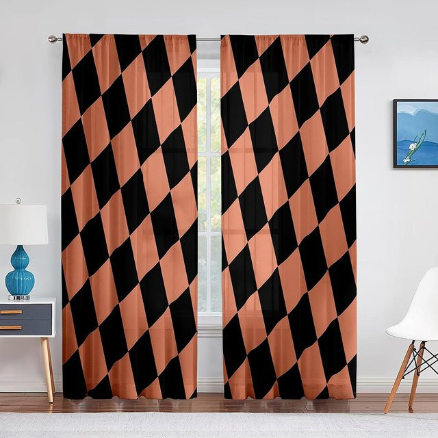Transparenter Chiffon-Tüllvorhang von Super Six mit kariertem Muster in Türkis und Rosa, Breite: 100 cm, Höhe: 250 cm - Bild 1