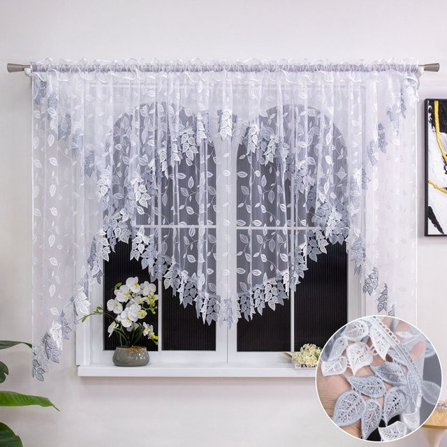 FLYINGCURTAINS Transparenter Vorhang mit floraler Stickerei in Weiß, doppellagiges Bogendesign, lichtfilternd und atmungsaktiv, Breite: 150 cm, Höhe: 95 cm - Bild 1